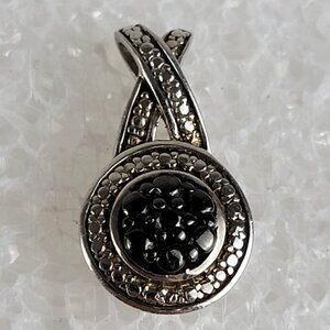 925 Sterling Silver Black Dismond Marcasite Round Pendant 0.75 Inch Signed SUN